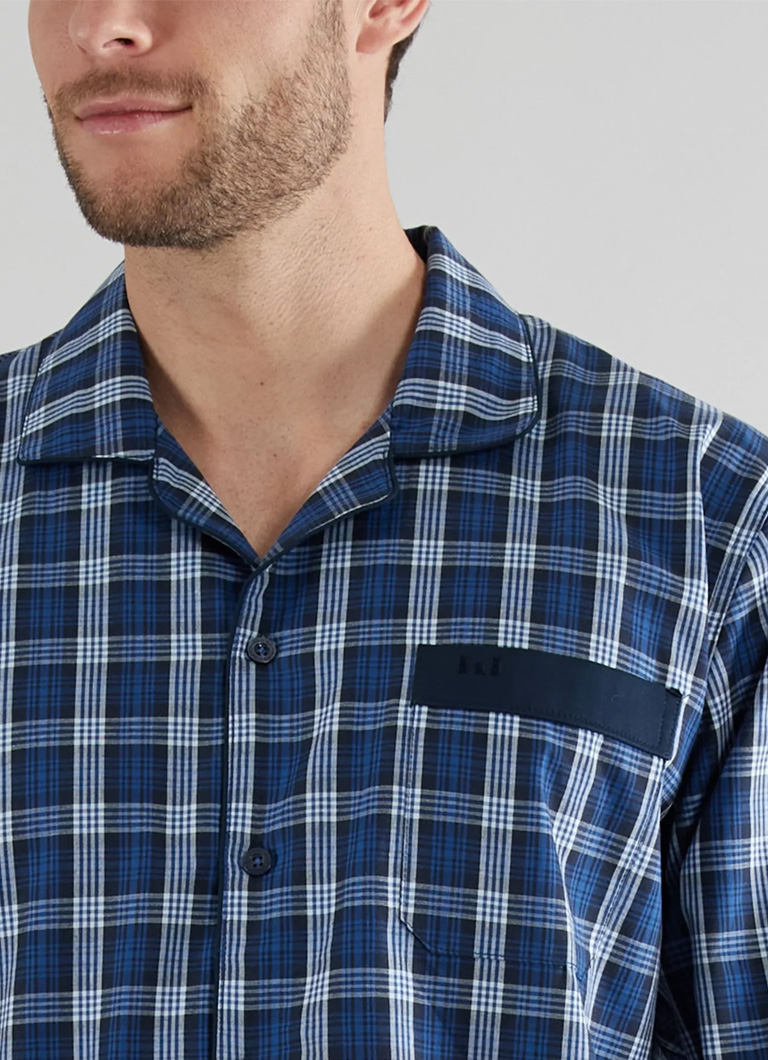 Gotzburg Doorknoop pyjama geweven blauw ruit 