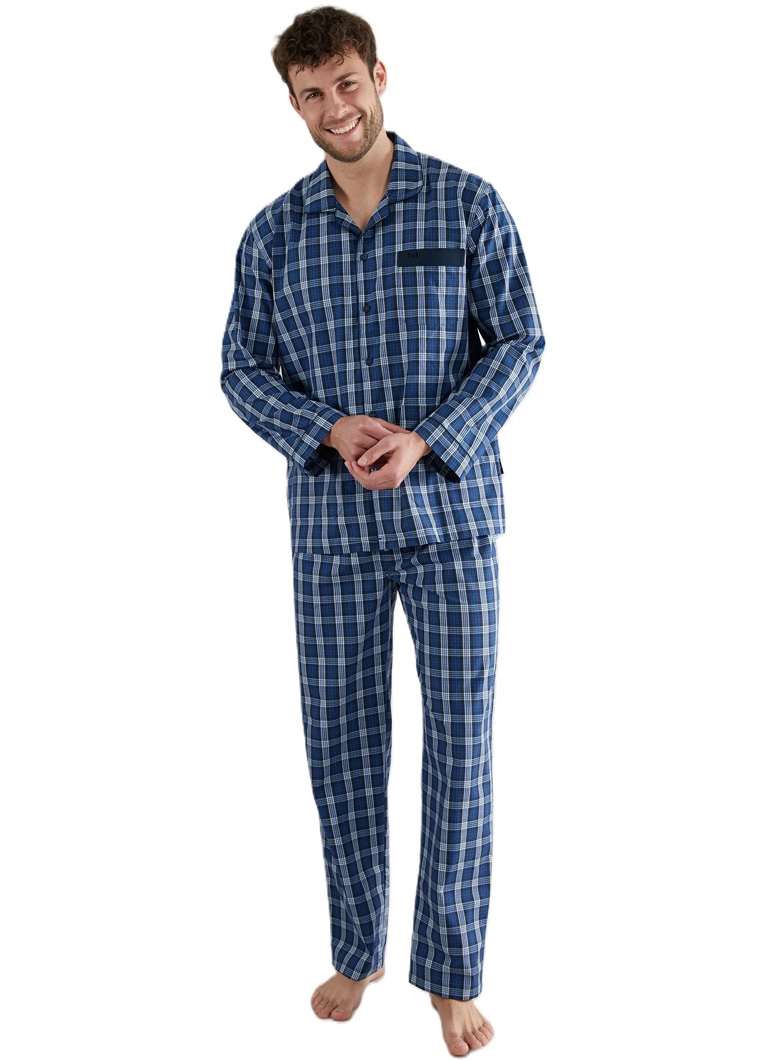 Gotzburg Doorknoop pyjama geweven blauw ruit 