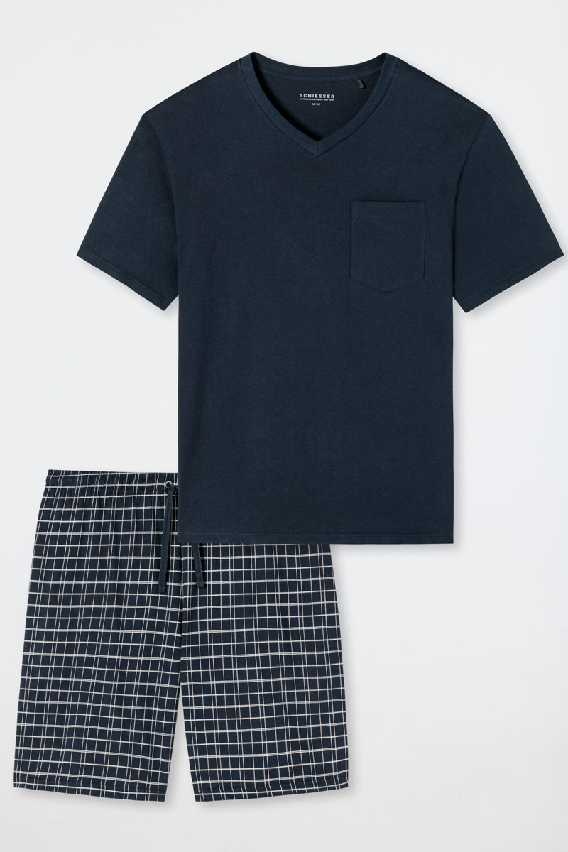 Schiesser Shortama met V-hals blauw 