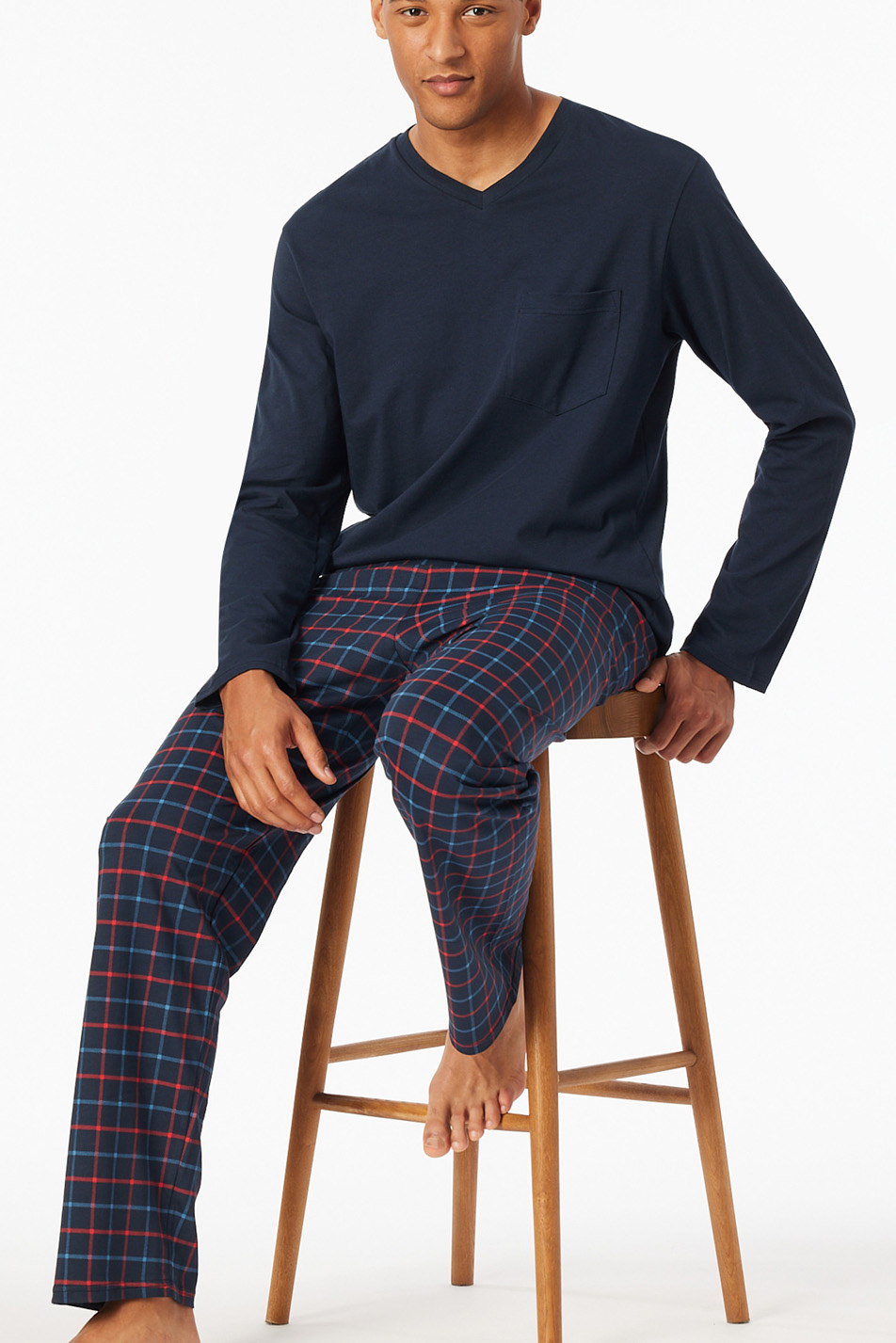 Schiesser Pyjama met geruite broek blauw